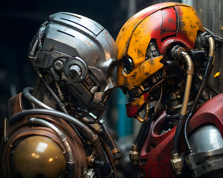 close-up of a steampunk robot with orange helmet and red armorの素材
