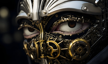 Close up of robot face with gears and cogwheels. 3d renderingの素材