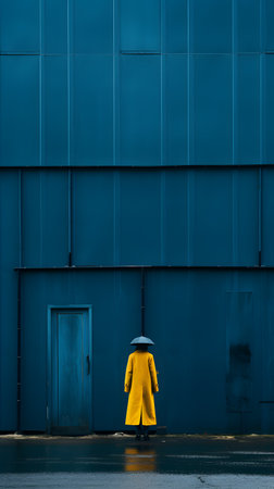 Woman in yellow raincoat walking in front of a blue building.の素材