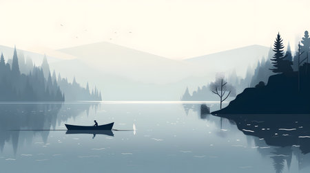 Foggy landscape with a fisherman in a boat on a lakeの素材