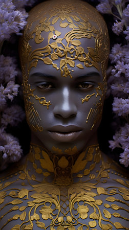 3d illustration of a beautiful woman with golden mask and purple flowersの素材