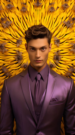 Portrait of a handsome young man in a purple suit on a yellow backgroundの素材