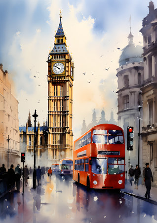 London cityscape with Big Ben and double decker bus, UKの素材