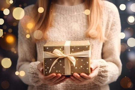 holidays, presents, christmas and people concept - close up of woman in sweater holding gift box over lights backgroundの素材