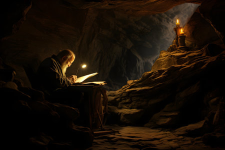 Man reading a book in a cave at night. Selective focus.の素材