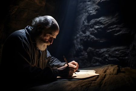 Handsome mature man making notes in his diary while sitting in dark caveの素材