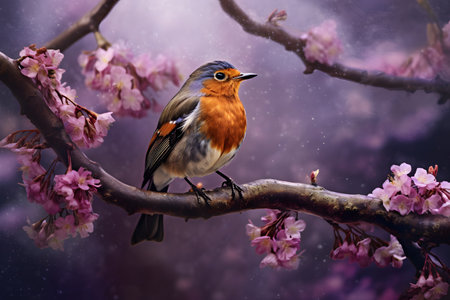 Robin bird sitting on a branch of a blooming sakura treeの素材
