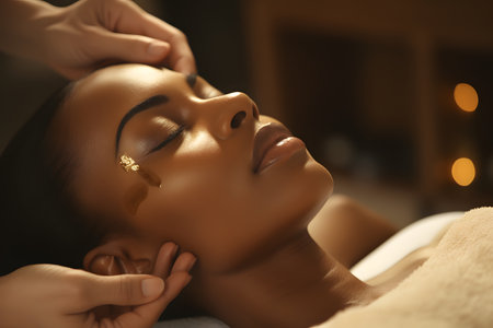 Beautiful young woman receiving face massage in spa salon, closeupの素材