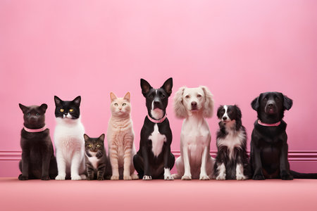 Group of cats and dogs sitting in front of pink background with copy spaceの素材