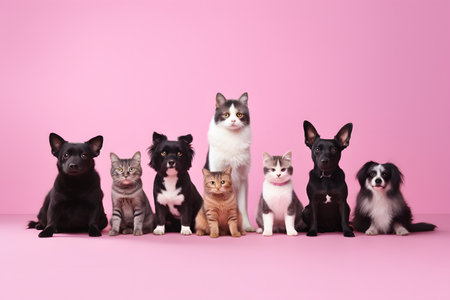 Group of cats and dogs in studio on pink background. Pet adoption concept.の素材