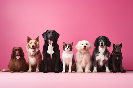 Group of different breeds of dogs on pink background. Studio shot.の素材