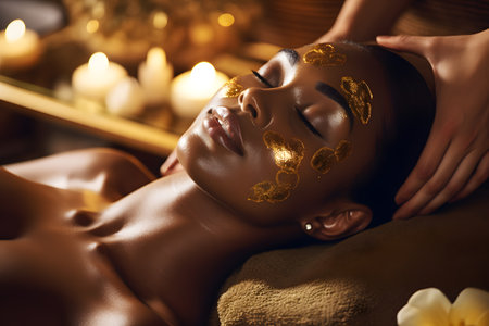 Spa treatment. Close up of beautiful young woman lying on massage table with golden mask on her faceの素材