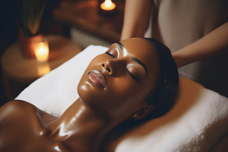 Relaxed african american woman lying on massage table in spa salonの素材