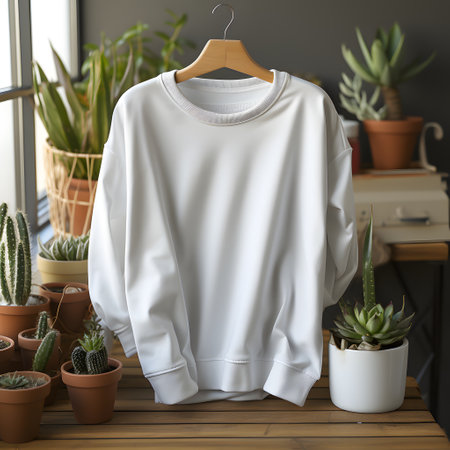 Blank white sweatshirt mockup on a wooden table with cacti. 3d renderingの素材