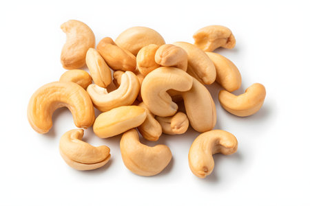 Roasted cashew nuts isolated on white background. Top view.の素材