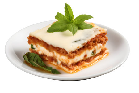 Delicious lasagna on a plate isolated on a white background.の素材