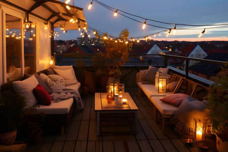 Cafe on the roof terrace with a view of the cityの素材