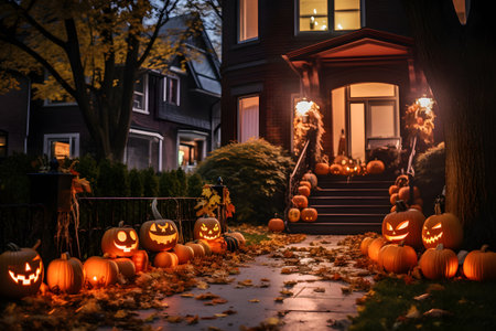 Halloween pumpkins in front of a house in the evening.の素材