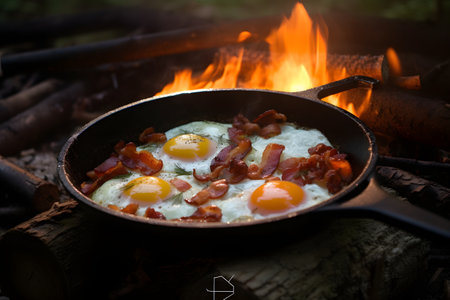 Fried eggs with bacon and sausages in a pan on a campfireの素材