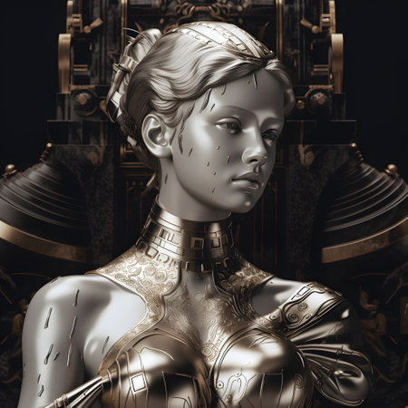 3D rendering of a female cyborg in a gold armor.の素材