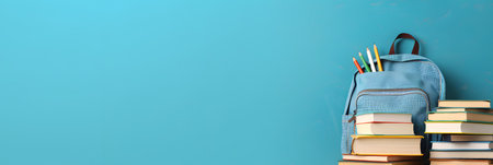 Back to school. School supplies on a blue background. Copy space.の素材