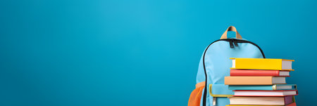 Back to school banner with backpack and books on blue background. Education conceptの素材