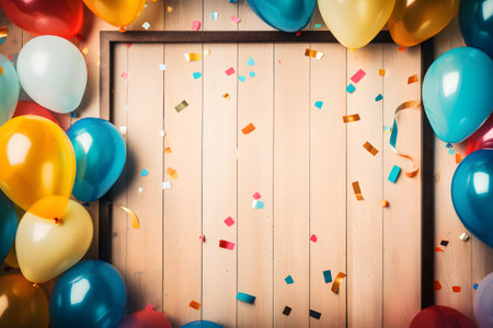 Colorful balloons and confetti on wooden background. Top view with copy spaceの素材