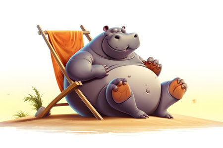Illustration of a fat hippo relaxing on a deck chair at the beachの素材