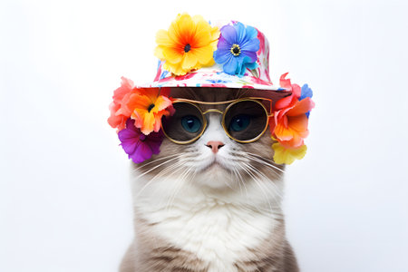 Cat wearing sunglasses and a hat with flowers on a white background.の素材