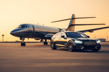 Luxury car and airplane on the airport runway at sunset.の素材