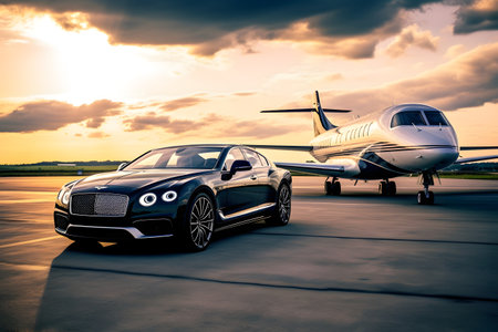 Luxury sports car and airplane on the airport runway at sunsetの素材