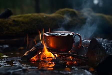 Cup of hot tea on the campfire in the forest.の素材