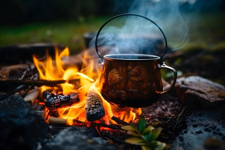 Cooking soup in a pot on a campfire in the forest.の素材