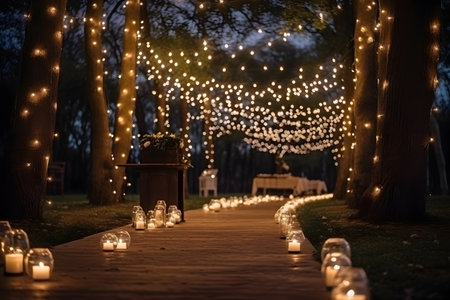 Beautiful wedding arch decorated with candles and garlands at night.の素材