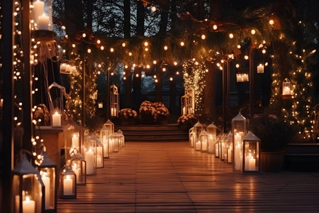 Garden decorated with candles and garlands at night. Bokeh effect.の素材
