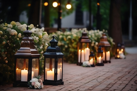 Wedding decor with lanterns and flowers in the park.の素材