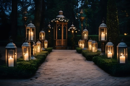 Lanterns in the garden at night. Decorative lanterns.の素材