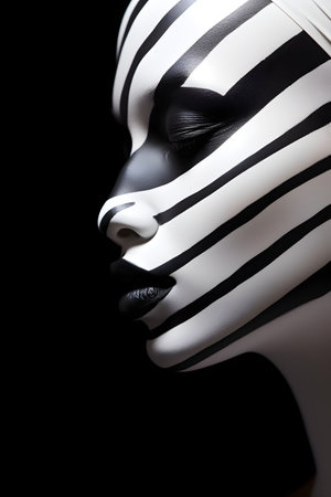 Mannequin head with white and black stripes on a black backgroundの素材