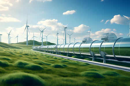 Wind turbines on a green meadow. 3D rendered illustration.の素材