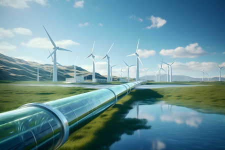 Wind turbines in the field. Alternative energy source. 3D renderingの素材