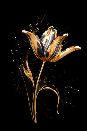 Abstract gold flower on a black background. 3d rendering, 3d illustration.の素材