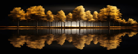 Autumn forest and lake with reflection in water. 3D renderingの素材