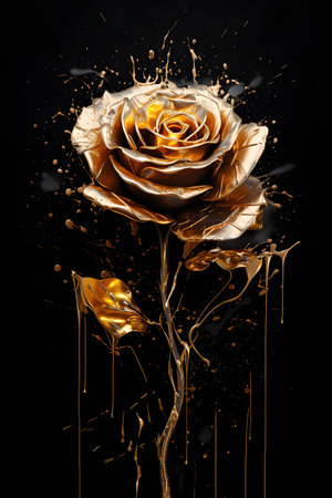 golden rose on a black background with splashes of gold paintの素材
