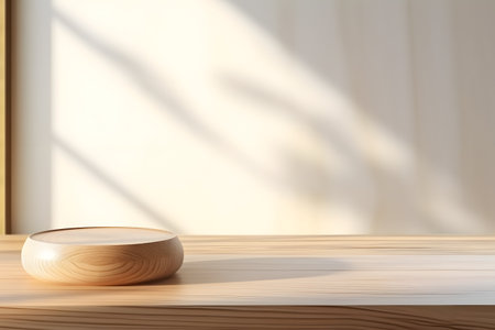 Wooden podium on wooden table in room. 3d render.の素材