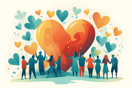 Valentine's day vector illustration. Group of happy people holding heart.の素材