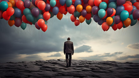 Conceptual image of businessman standing on top of mountain and looking at balloonsの素材