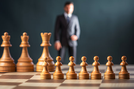 Businessman standing next to chess pieces. Concept of business strategy.の素材