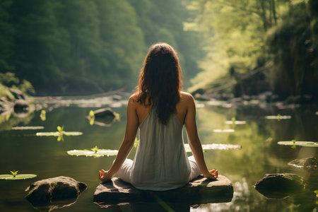Young woman meditating on a rock in front of a river.の素材