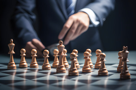 Businessman playing chess with chess pieces on the board, business strategy conceptの素材