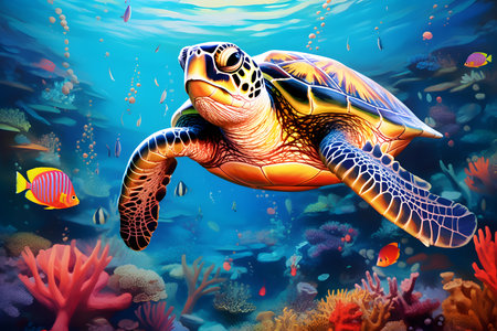 Turtle in the sea. Underwater world. 3d illustrationの素材